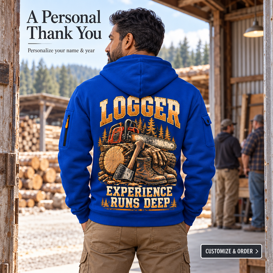 Logger Forest Tools Heritage Quarter-Zip Hoodie in Blue, worn by an adult man