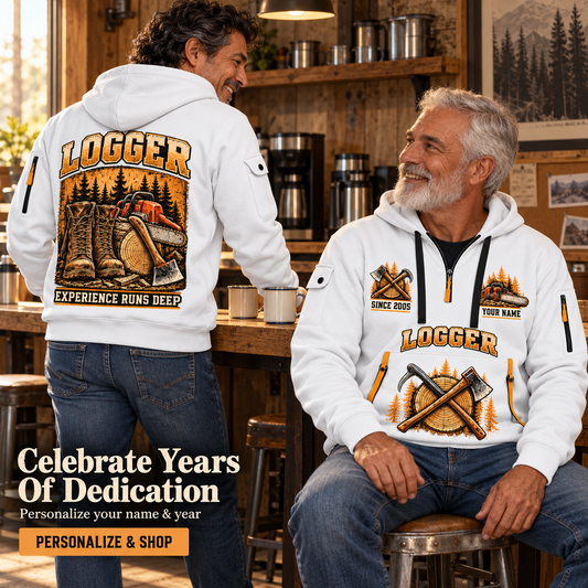 Logger Timber Workbench Tradition Quarter-Zip Hoodie in White, worn by an adult man