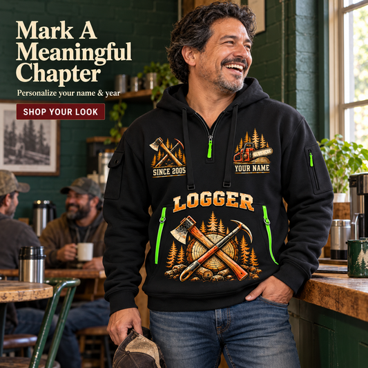 Logger Roots of the Trade Quarter-Zip Hoodie in Black, worn by an adult man