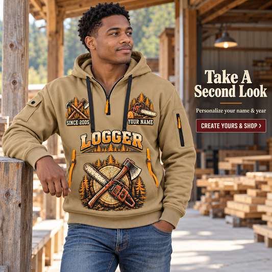 Logger Deep Woods Statement Quarter-Zip Hoodie in Khaki, worn by an adult man