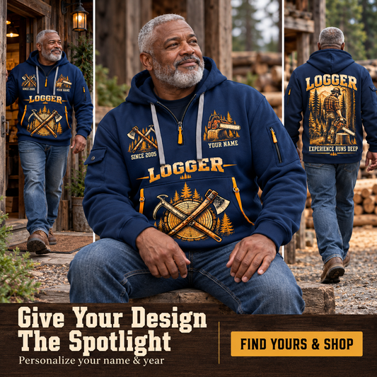 Logger Woodland Craftsman Quarter-Zip Hoodie in Navy, worn by an adult man