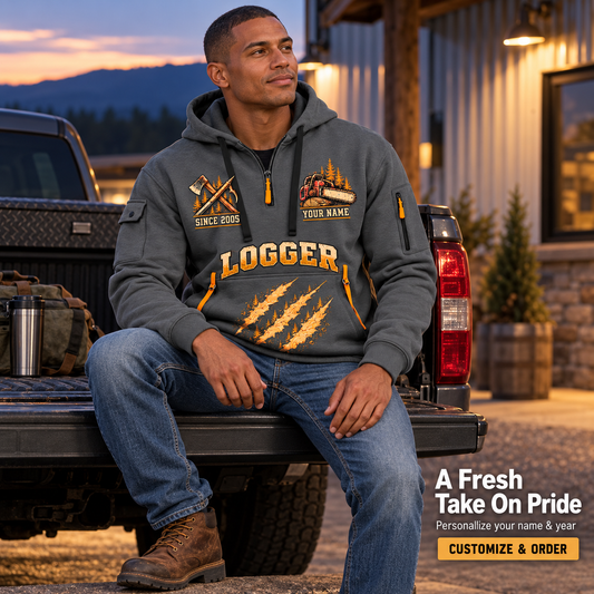 Logger Timber Grain Sweep Quarter-Zip Hoodie in Gray, worn by an adult man