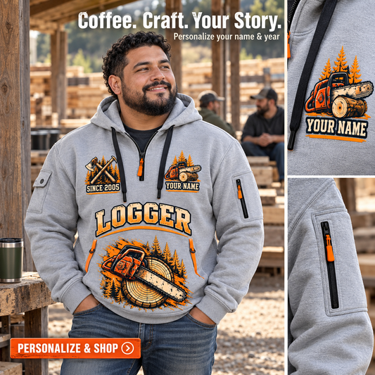 Logger Boots of the Woods Quarter-Zip Hoodie in Light Grey, worn by an adult man