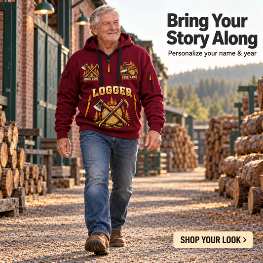 Logger Timber Badge of Craft Quarter-Zip Hoodie in Wine Red, worn by an adult man