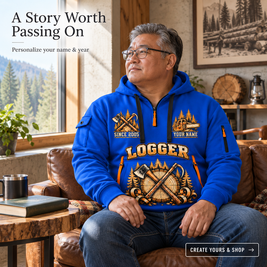 Logger Tall Timber Tool Crest Quarter-Zip Hoodie in Blue, worn by an adult man