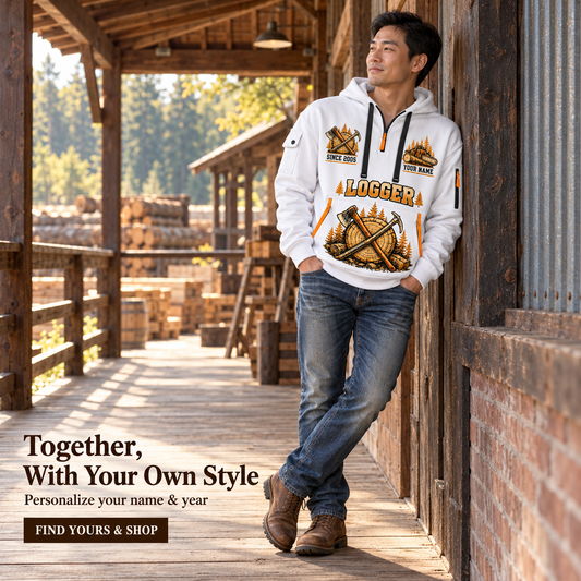 Logger Woodland Experience Poster Quarter-Zip Hoodie in White, worn by an adult man