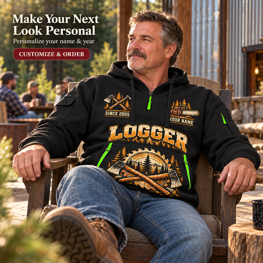 Logger Forest Brushwork Pride Quarter-Zip Hoodie in Black, worn by an adult man