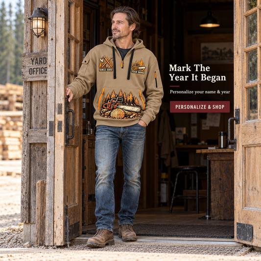 Logger Timber Wings Medallion Quarter-Zip Hoodie in Khaki, worn by an adult man
