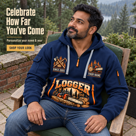 Logger Seasoned Timber Craft Quarter-Zip Hoodie in Navy, worn by an adult man