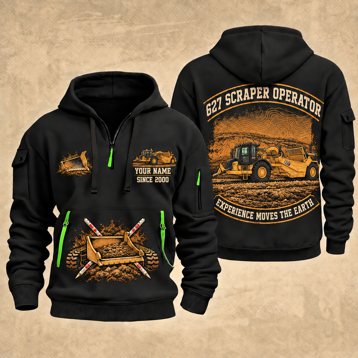 627 Twin-Engine Scraper Operator quarter zip hoodie in Black, front and back views, sample YOUR NAME and SINCE 2000 artwork