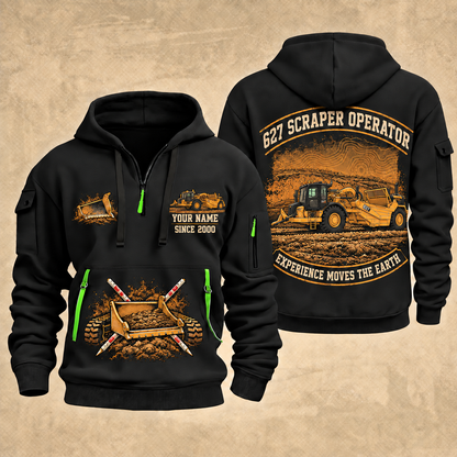 627 Twin-Engine Scraper Operator quarter zip hoodie in Black, front and back views, sample YOUR NAME and SINCE 2000 artwork