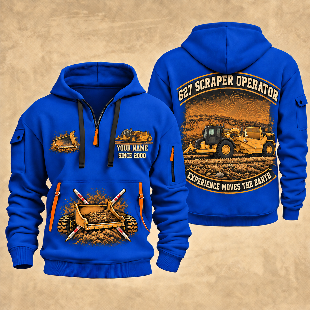 627 Twin-Engine Scraper Operator quarter zip hoodie in Blue, front and back views, sample YOUR NAME and SINCE 2000 artwork