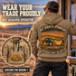 627 Twin-Engine Scraper Operator quarter zip hoodie in Khaki, adult lifestyle portrait showing front and back artwork