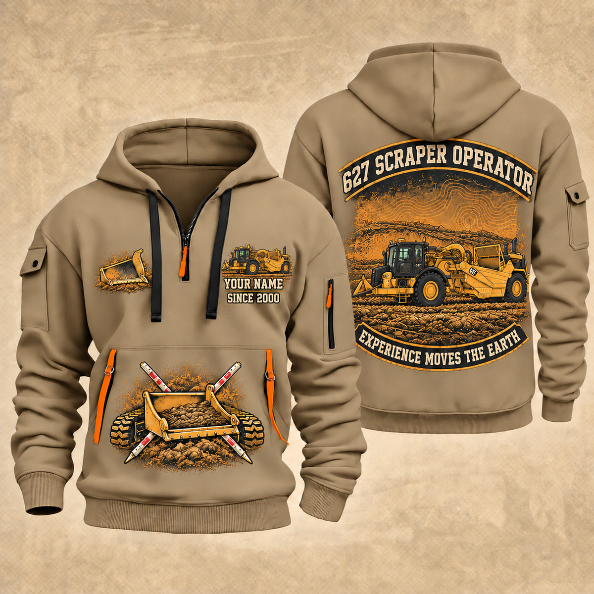 627 Twin-Engine Scraper Operator quarter zip hoodie in Khaki, front and back views, sample YOUR NAME and SINCE 2000 artwork