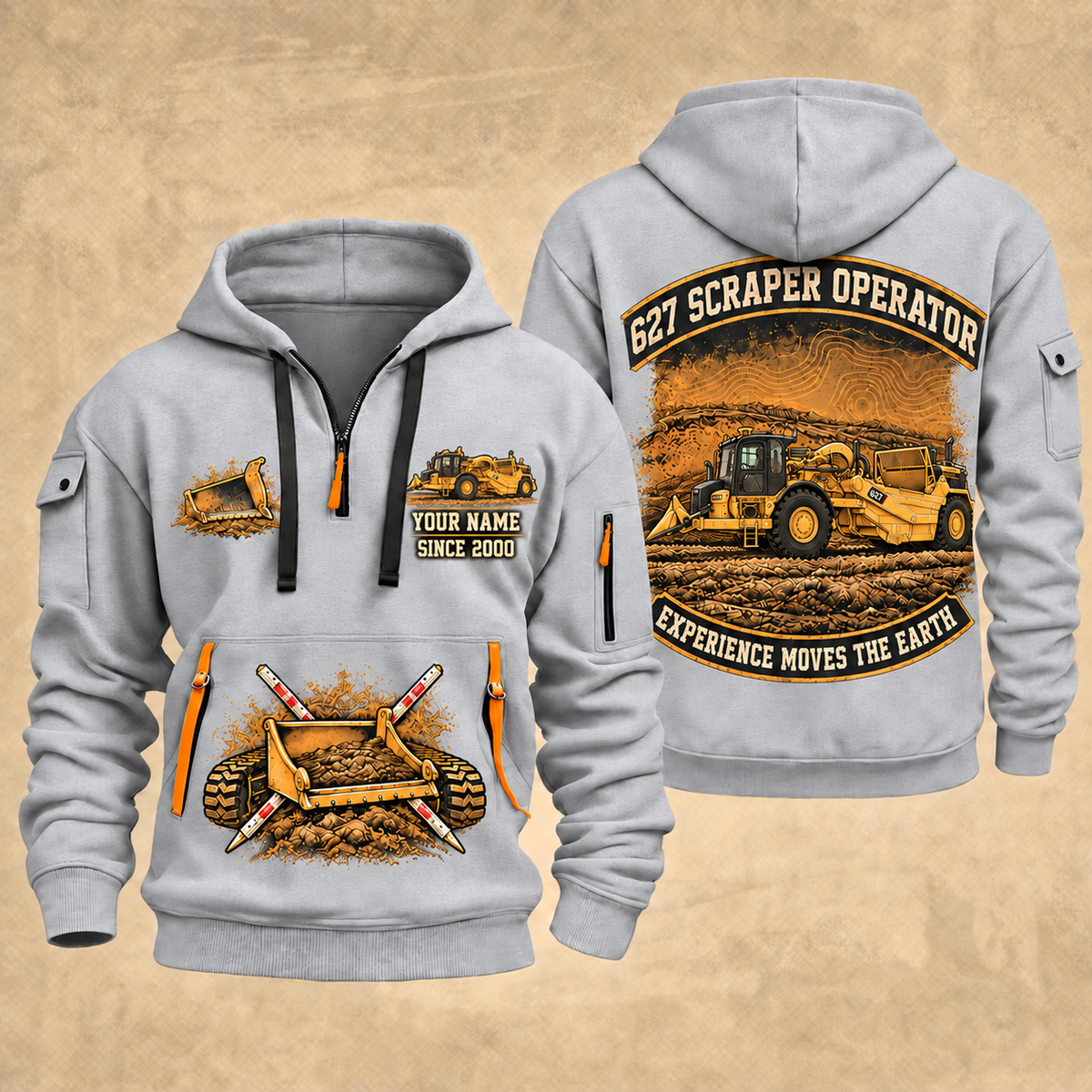 627 Twin-Engine Scraper Operator quarter zip hoodie in Light Grey, front and back views, sample YOUR NAME and SINCE 2000 artwork