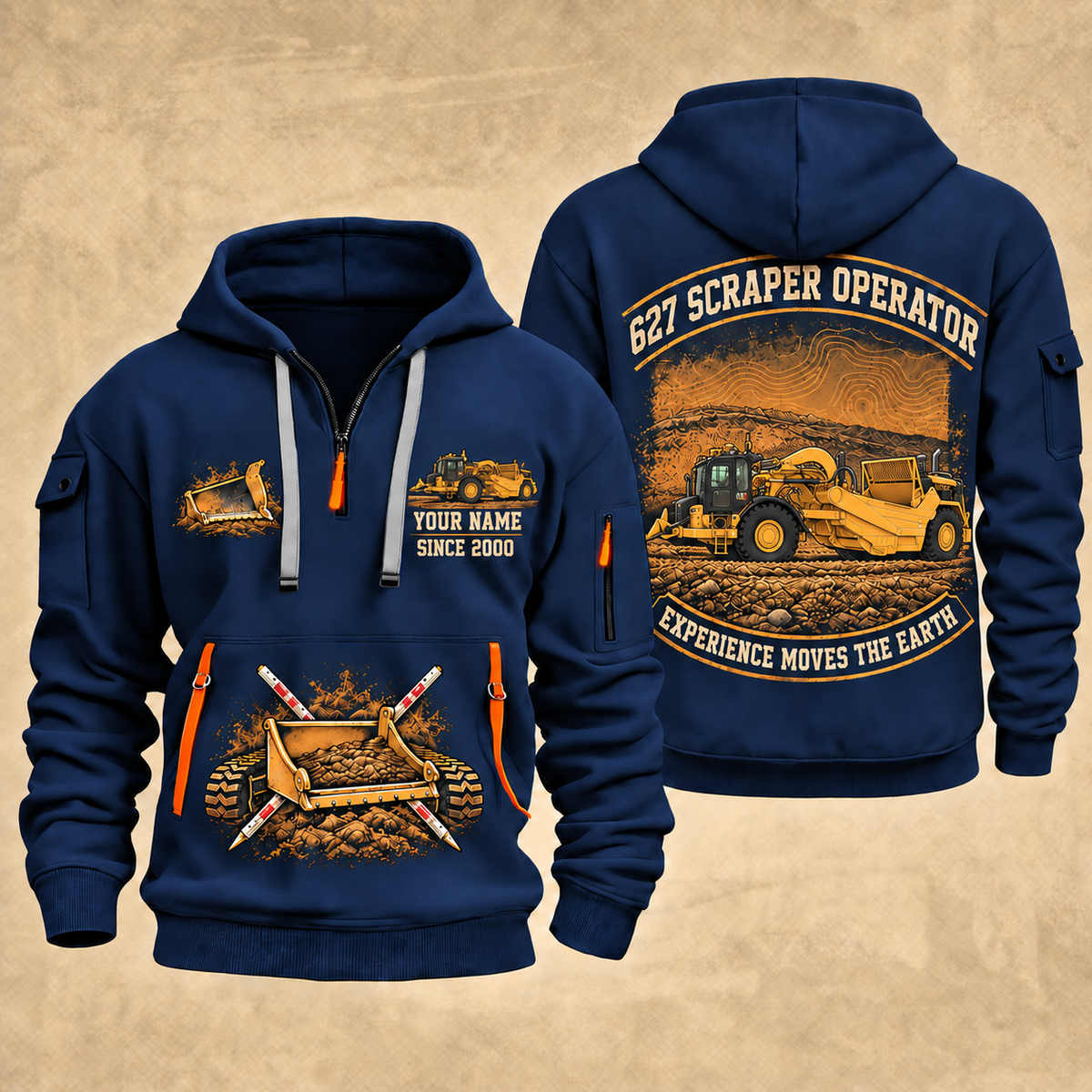 627 Twin-Engine Scraper Operator quarter zip hoodie in Navy, front and back views, sample YOUR NAME and SINCE 2000 artwork