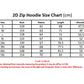 Quarter Zip Hoodie size chart in centimetres: bust, sleeve, length and shoulder for sizes S through 5XL