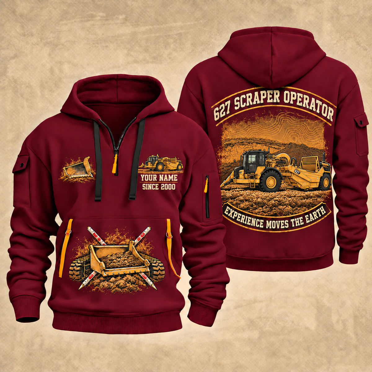 627 Twin-Engine Scraper Operator quarter zip hoodie in Wine Red, front and back views, sample YOUR NAME and SINCE 2000 artwork