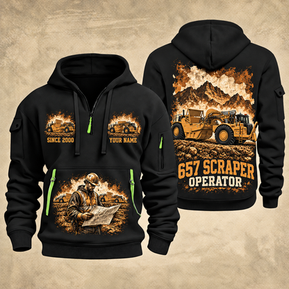 657 Twin-Engine Scraper Operator quarter zip hoodie in Black, front and back views, sample YOUR NAME and SINCE 2000 artwork