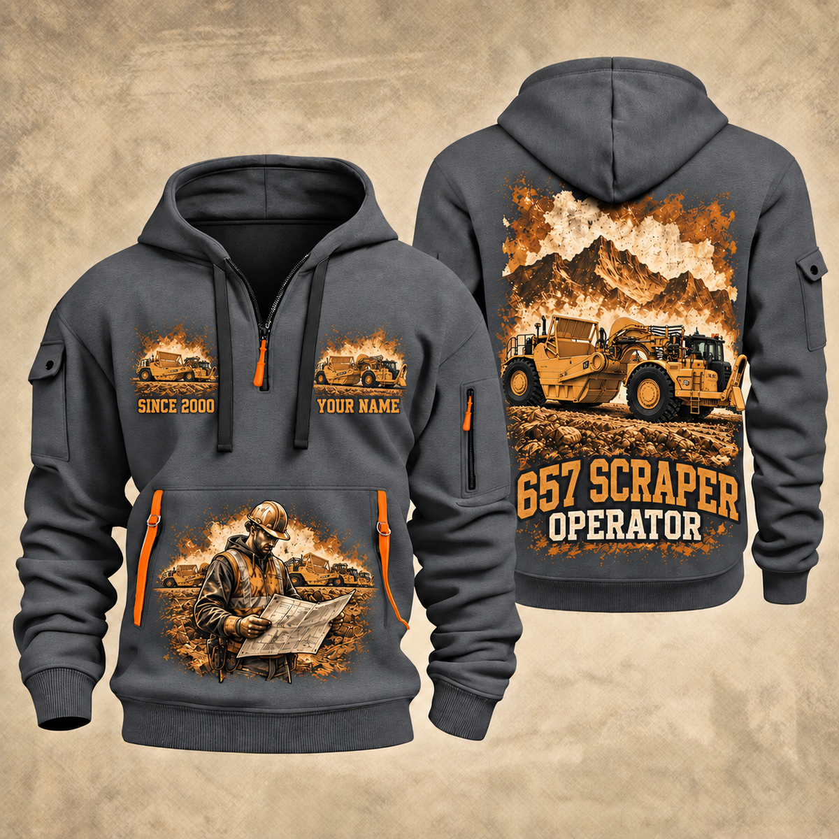 657 Twin-Engine Scraper Operator quarter zip hoodie in Gray, front and back views, sample YOUR NAME and SINCE 2000 artwork