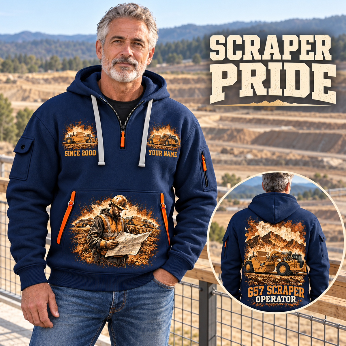 657 Twin-Engine Scraper Operator quarter zip hoodie in Navy, adult lifestyle portrait showing front and back artwork