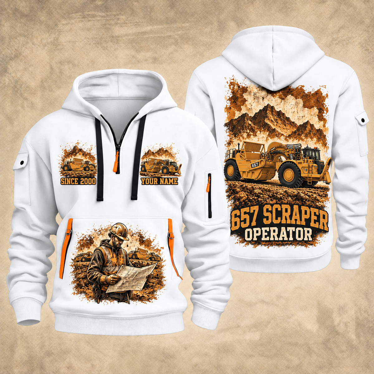 657 Twin-Engine Scraper Operator quarter zip hoodie in White, front and back views, sample YOUR NAME and SINCE 2000 artwork