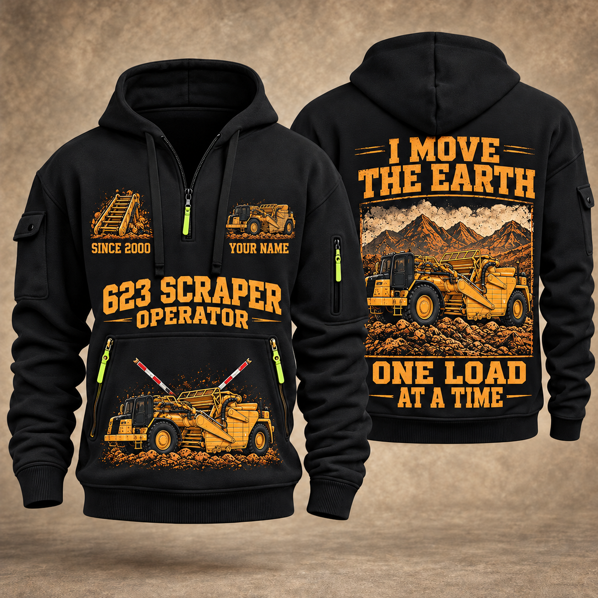 623 Elevating Scraper Operator quarter zip hoodie in Black, front and back views, sample YOUR NAME and SINCE 2000 artwork