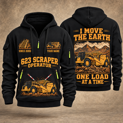 623 Elevating Scraper Operator quarter zip hoodie in Black, front and back views, sample YOUR NAME and SINCE 2000 artwork