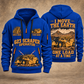 623 Elevating Scraper Operator quarter zip hoodie in Blue, front and back views, sample YOUR NAME and SINCE 2000 artwork