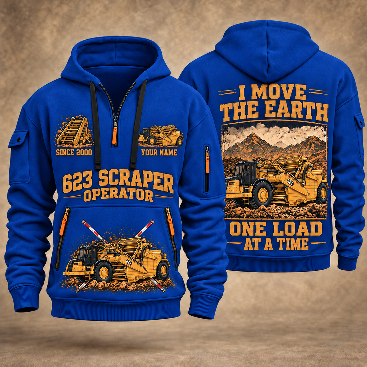 623 Elevating Scraper Operator quarter zip hoodie in Blue, front and back views, sample YOUR NAME and SINCE 2000 artwork