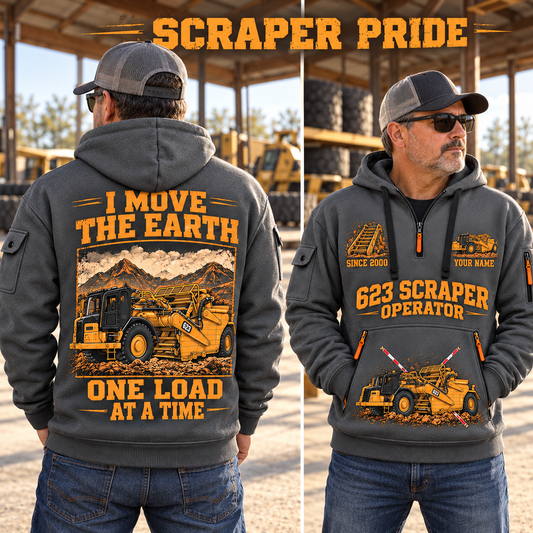 623 Elevating Scraper Operator quarter zip hoodie in Gray, adult lifestyle portrait showing front and back artwork
