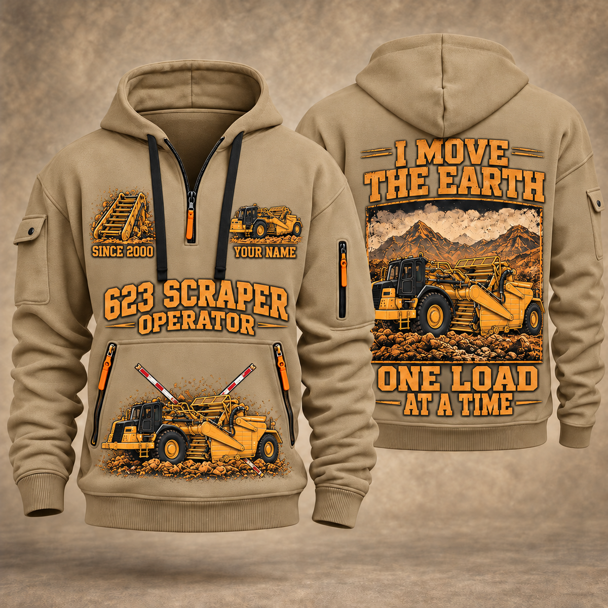 623 Elevating Scraper Operator quarter zip hoodie in Khaki, front and back views, sample YOUR NAME and SINCE 2000 artwork
