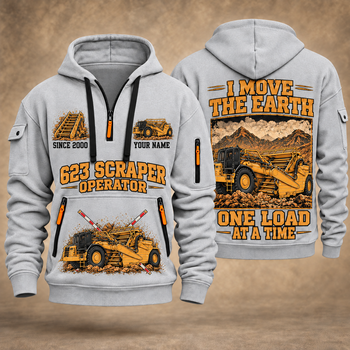 623 Elevating Scraper Operator quarter zip hoodie in Light Grey, front and back views, sample YOUR NAME and SINCE 2000 artwork