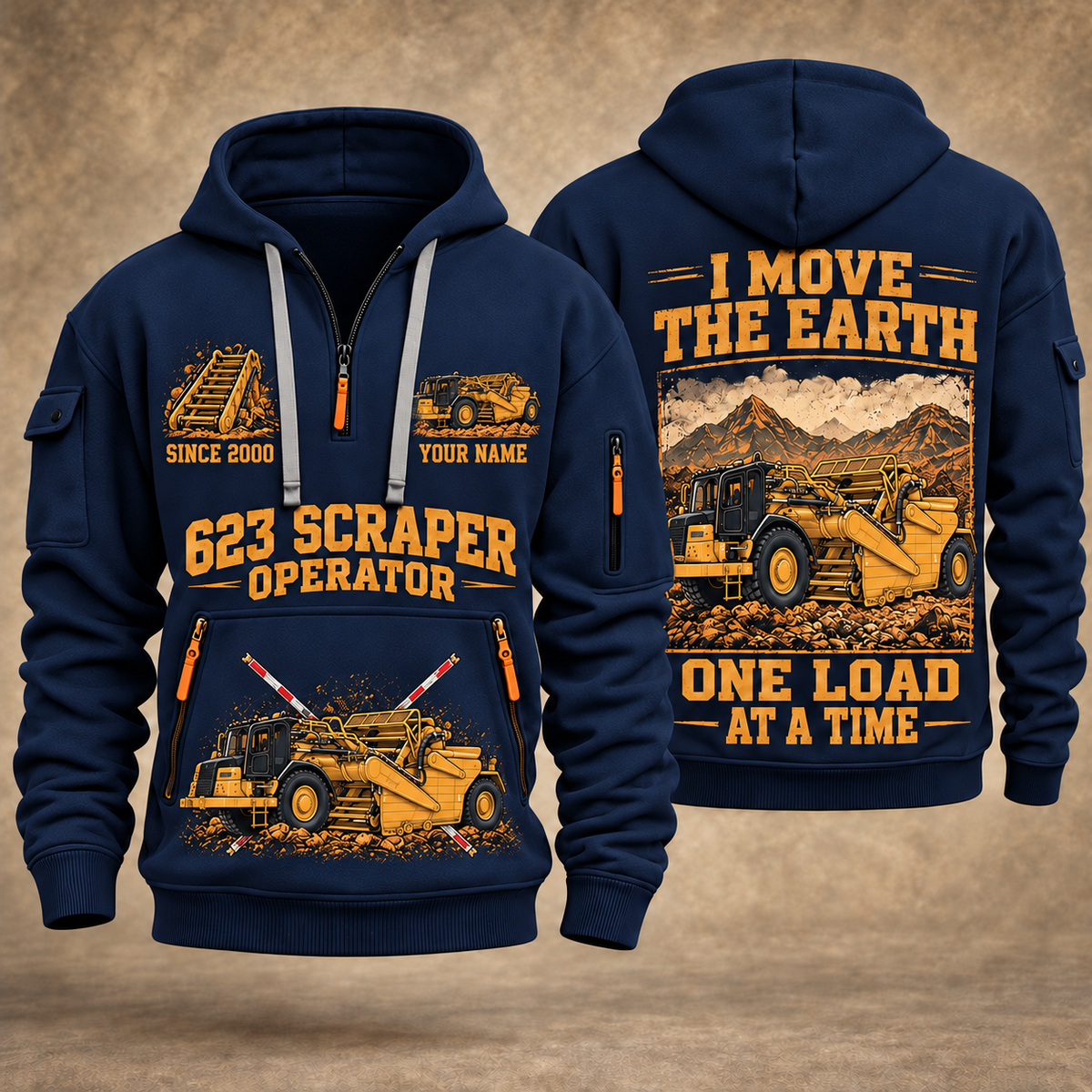 623 Elevating Scraper Operator quarter zip hoodie in Navy, front and back views, sample YOUR NAME and SINCE 2000 artwork