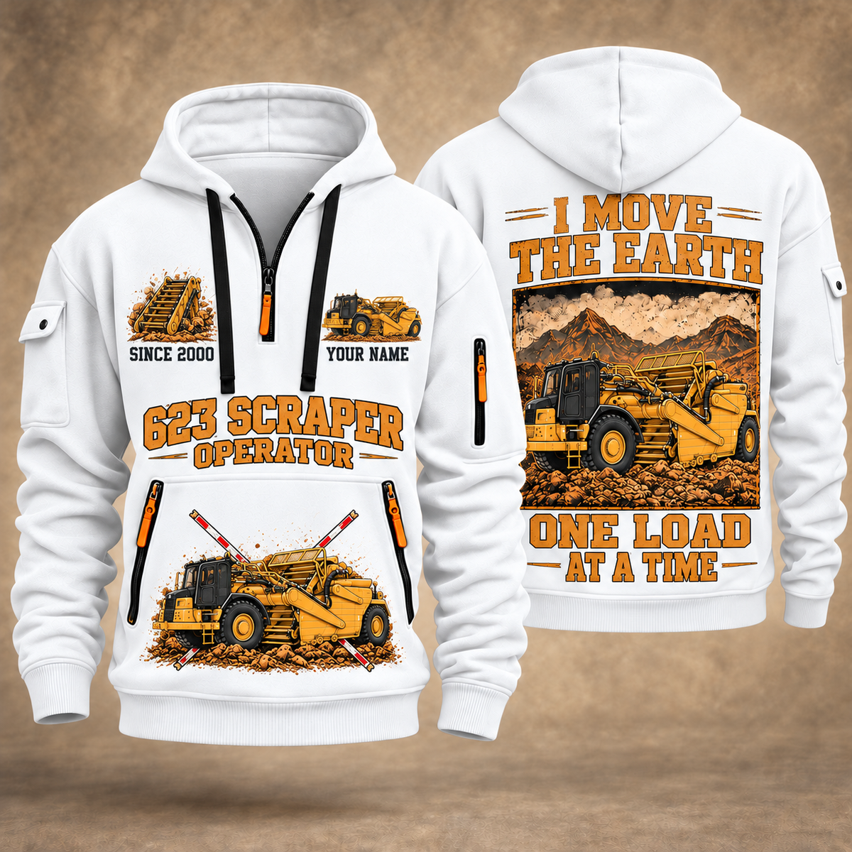 623 Elevating Scraper Operator quarter zip hoodie in White, front and back views, sample YOUR NAME and SINCE 2000 artwork