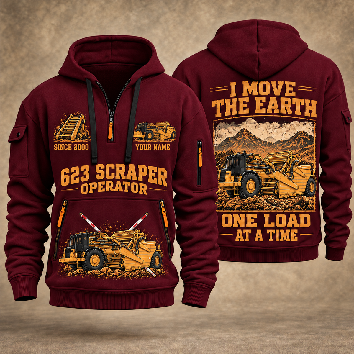 623 Elevating Scraper Operator quarter zip hoodie in Wine Red, front and back views, sample YOUR NAME and SINCE 2000 artwork