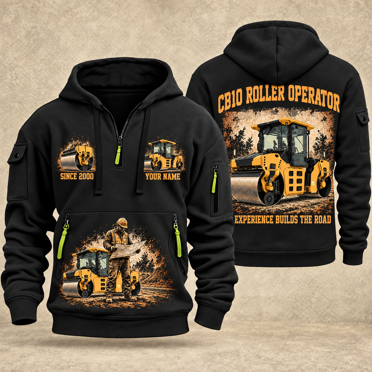 CB10 Tandem Roller Operator quarter zip hoodie in Black, front and back views, sample YOUR NAME and SINCE 2000 artwork