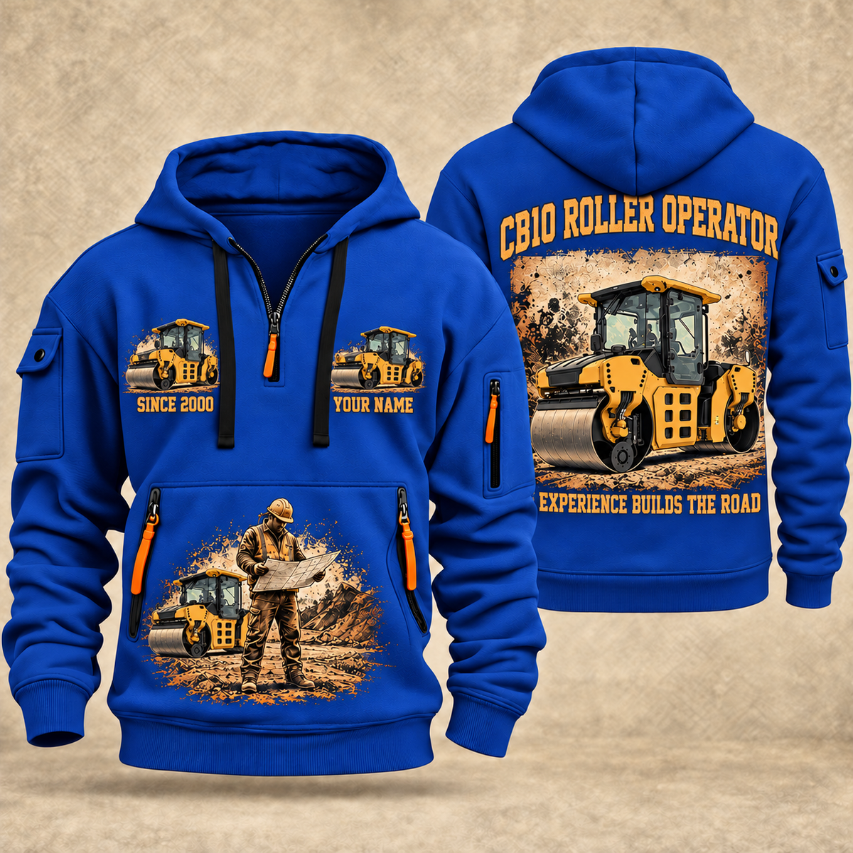 CB10 Tandem Roller Operator quarter zip hoodie in Blue, front and back views, sample YOUR NAME and SINCE 2000 artwork
