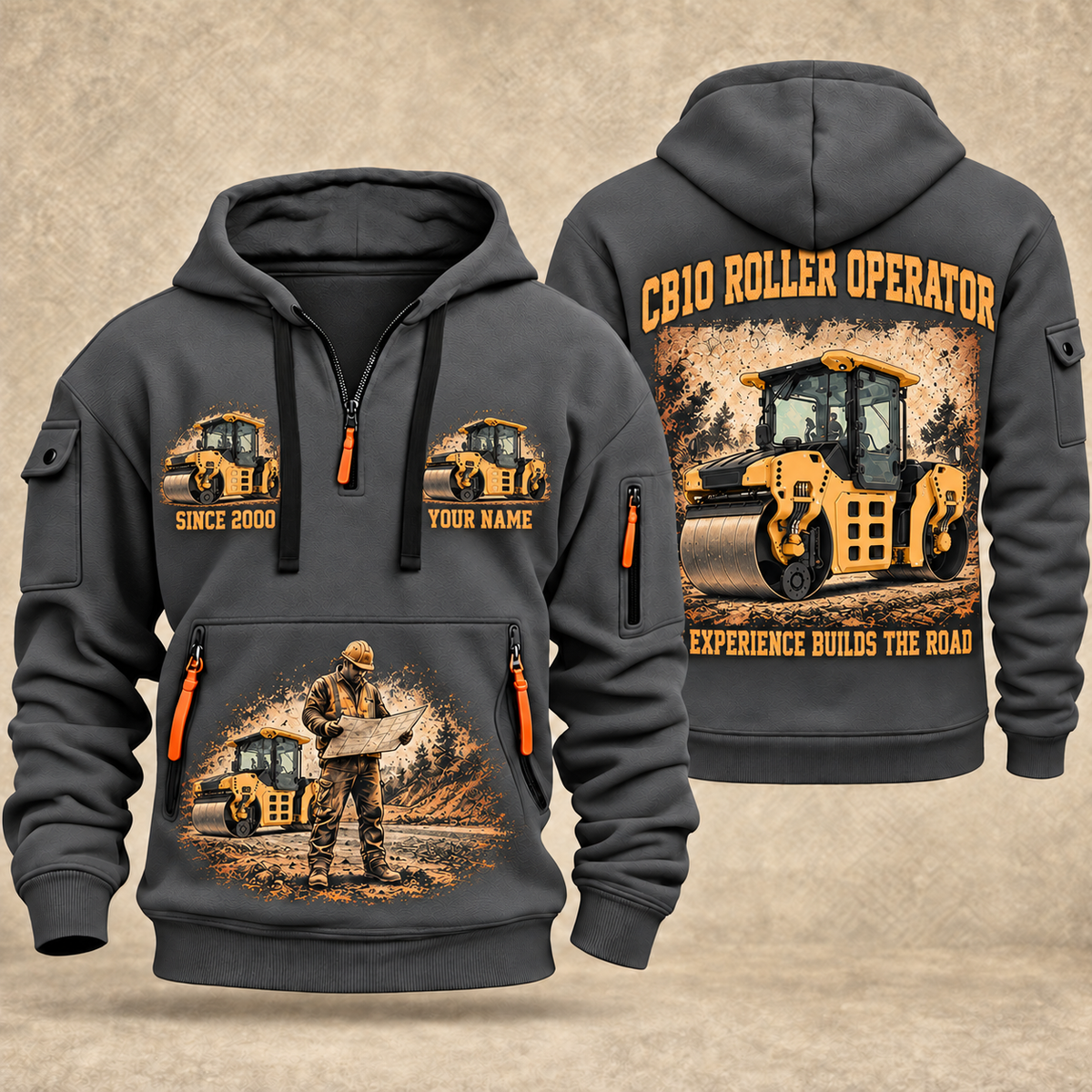 CB10 Tandem Roller Operator quarter zip hoodie in Gray, front and back views, sample YOUR NAME and SINCE 2000 artwork