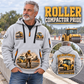 CB10 Tandem Roller Operator quarter zip hoodie in Light Grey, adult lifestyle portrait showing front and back artwork