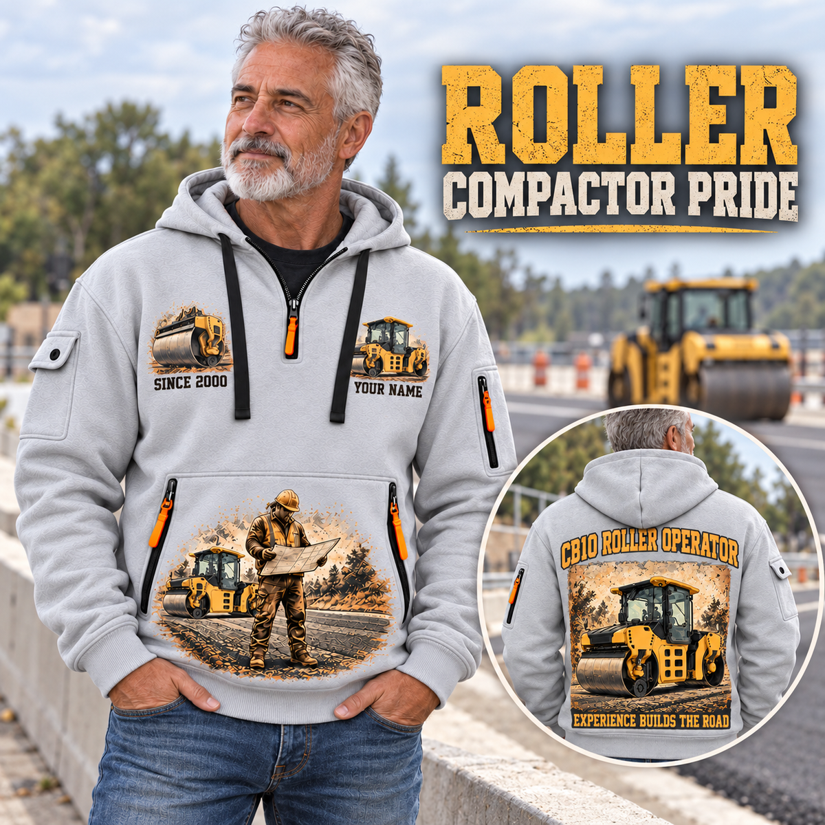 CB10 Tandem Roller Operator quarter zip hoodie in Light Grey, adult lifestyle portrait showing front and back artwork
