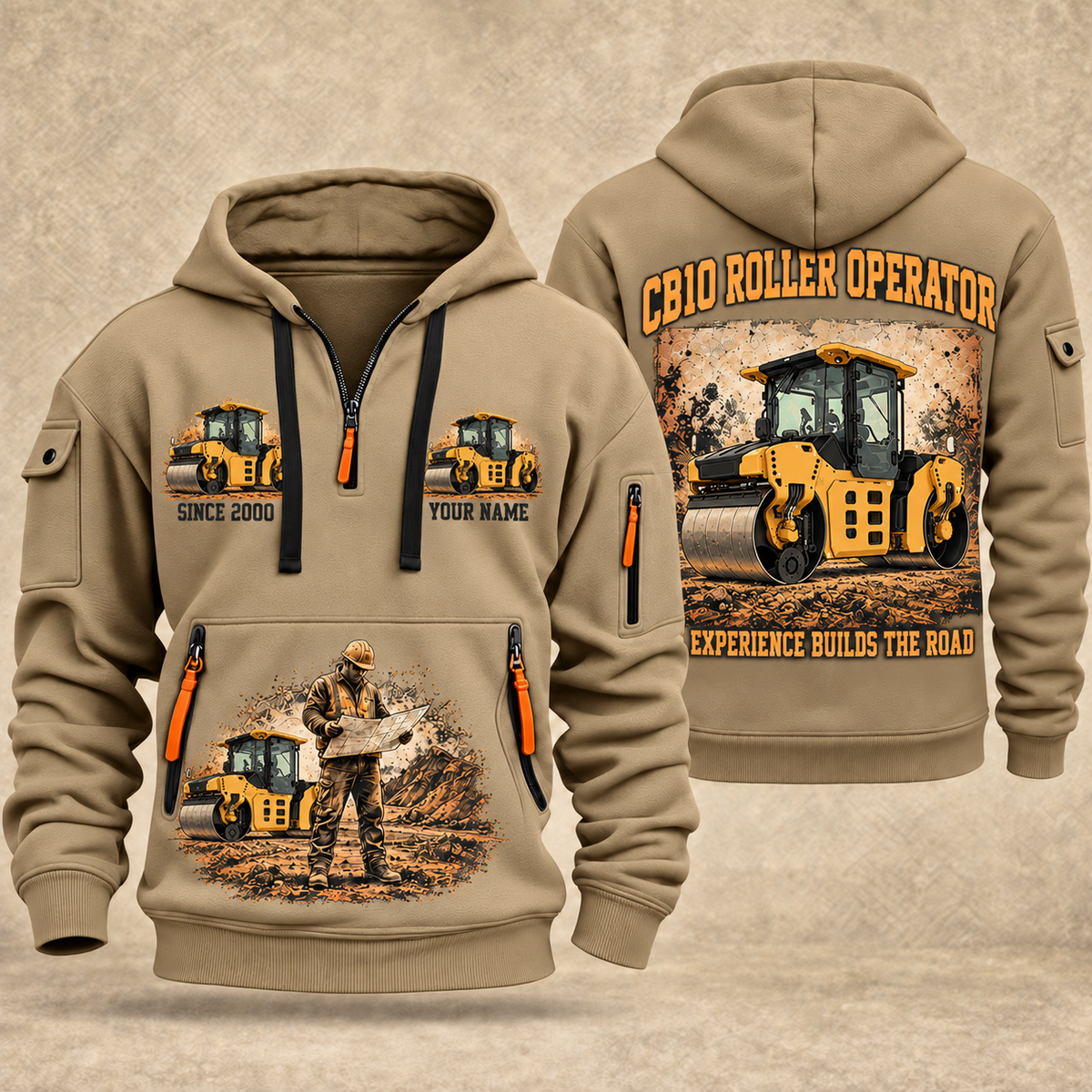 CB10 Tandem Roller Operator quarter zip hoodie in Khaki, front and back views, sample YOUR NAME and SINCE 2000 artwork