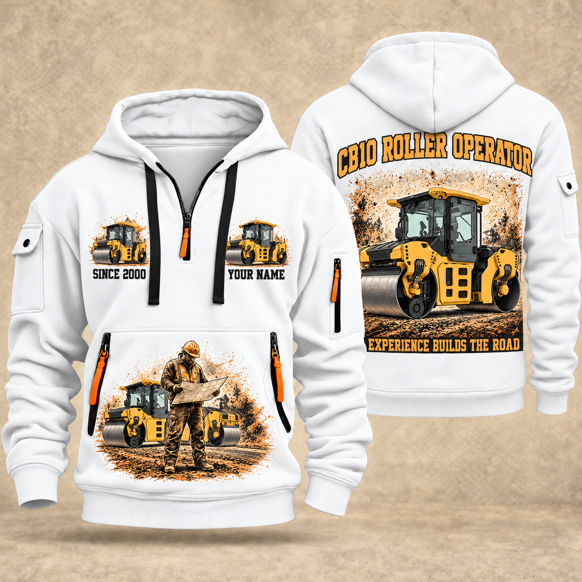 CB10 Tandem Roller Operator quarter zip hoodie in White, front and back views, sample YOUR NAME and SINCE 2000 artwork