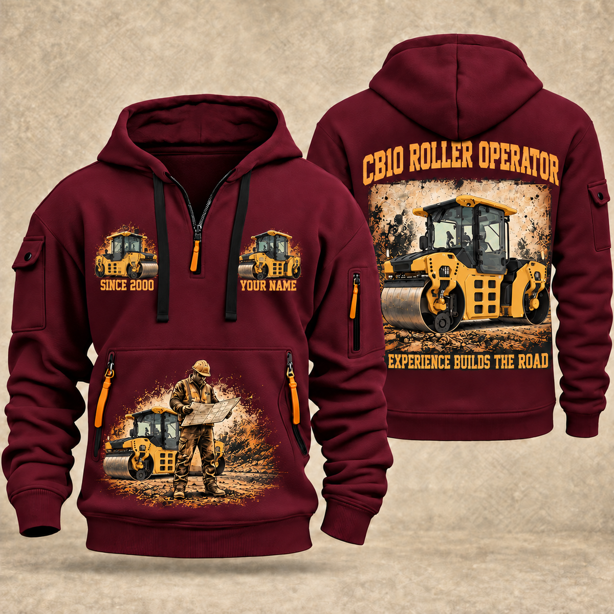 CB10 Tandem Roller Operator quarter zip hoodie in Wine Red, front and back views, sample YOUR NAME and SINCE 2000 artwork