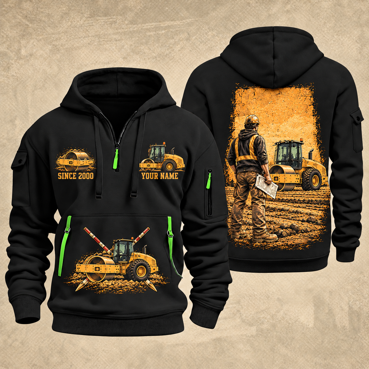 CS12 Soil Compactor Operator quarter zip hoodie in Black, front and back views, sample YOUR NAME and SINCE 2000 artwork