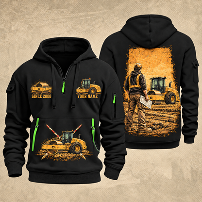 CS12 Soil Compactor Operator quarter zip hoodie in Black, front and back views, sample YOUR NAME and SINCE 2000 artwork