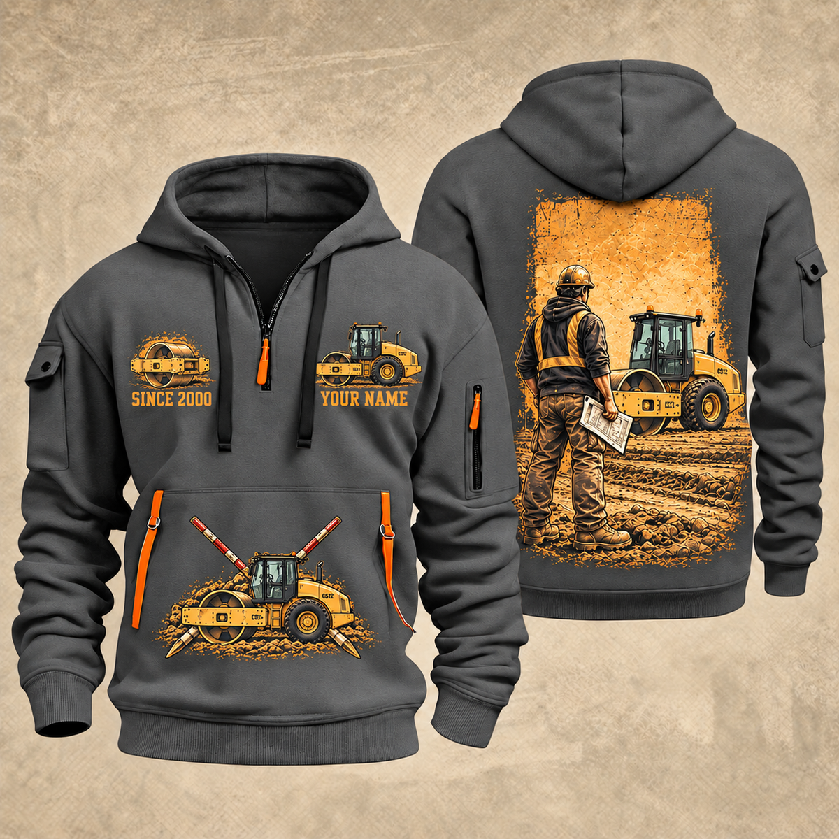CS12 Soil Compactor Operator quarter zip hoodie in Gray, front and back views, sample YOUR NAME and SINCE 2000 artwork