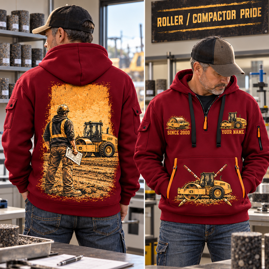 CS12 Soil Compactor Operator quarter zip hoodie in Wine Red, adult lifestyle portrait showing front and back artwork
