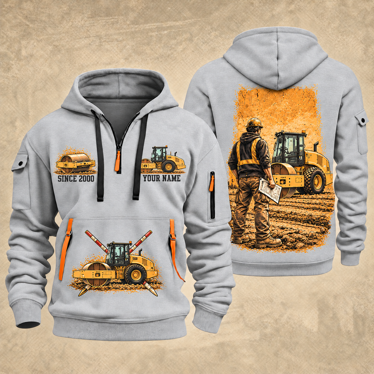 CS12 Soil Compactor Operator quarter zip hoodie in Light Grey, front and back views, sample YOUR NAME and SINCE 2000 artwork