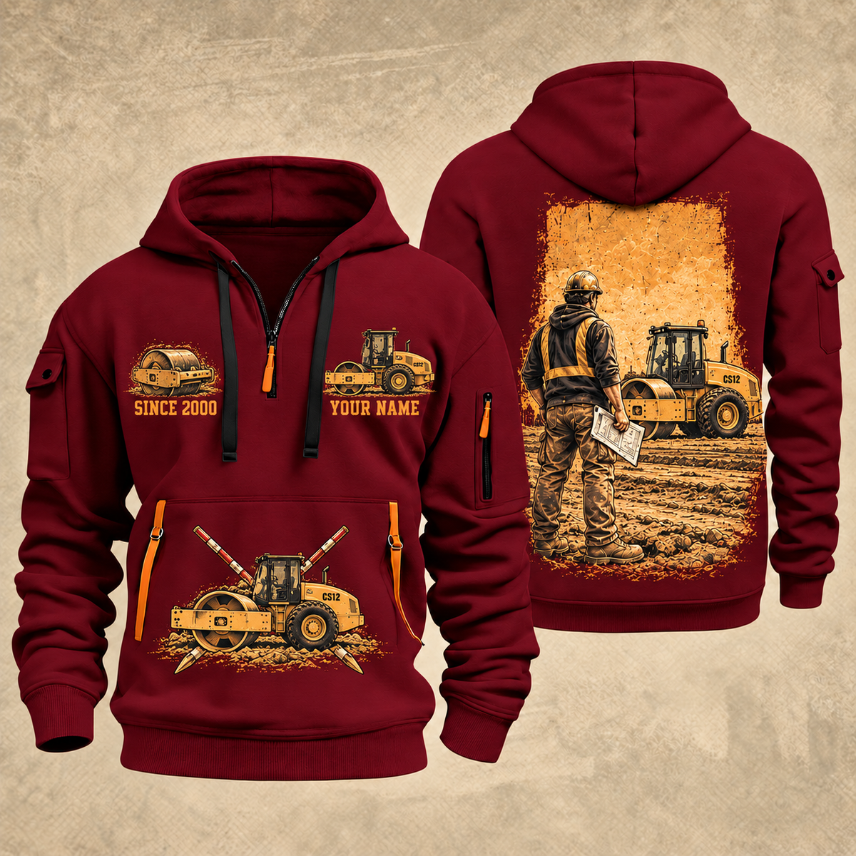 CS12 Soil Compactor Operator quarter zip hoodie in Wine Red, front and back views, sample YOUR NAME and SINCE 2000 artwork